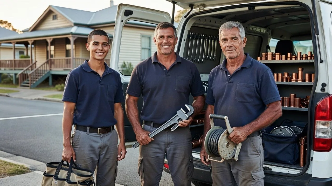 An apprentice and two experienced plumbers beside a fitted-out work van