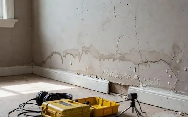 Damp rising up a wall with acoustic leak-detection gear on the floor