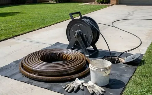 A relining liner and drain camera reel on a driveway, lawn intact